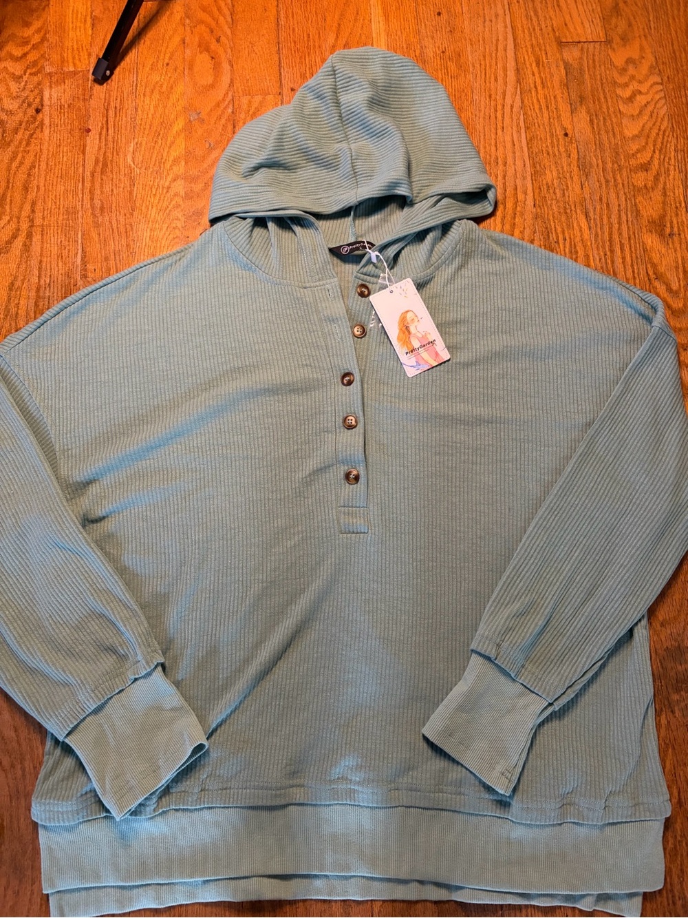 Waffle-Knit Hooded Henley Long Sleeve Top - Light Teal